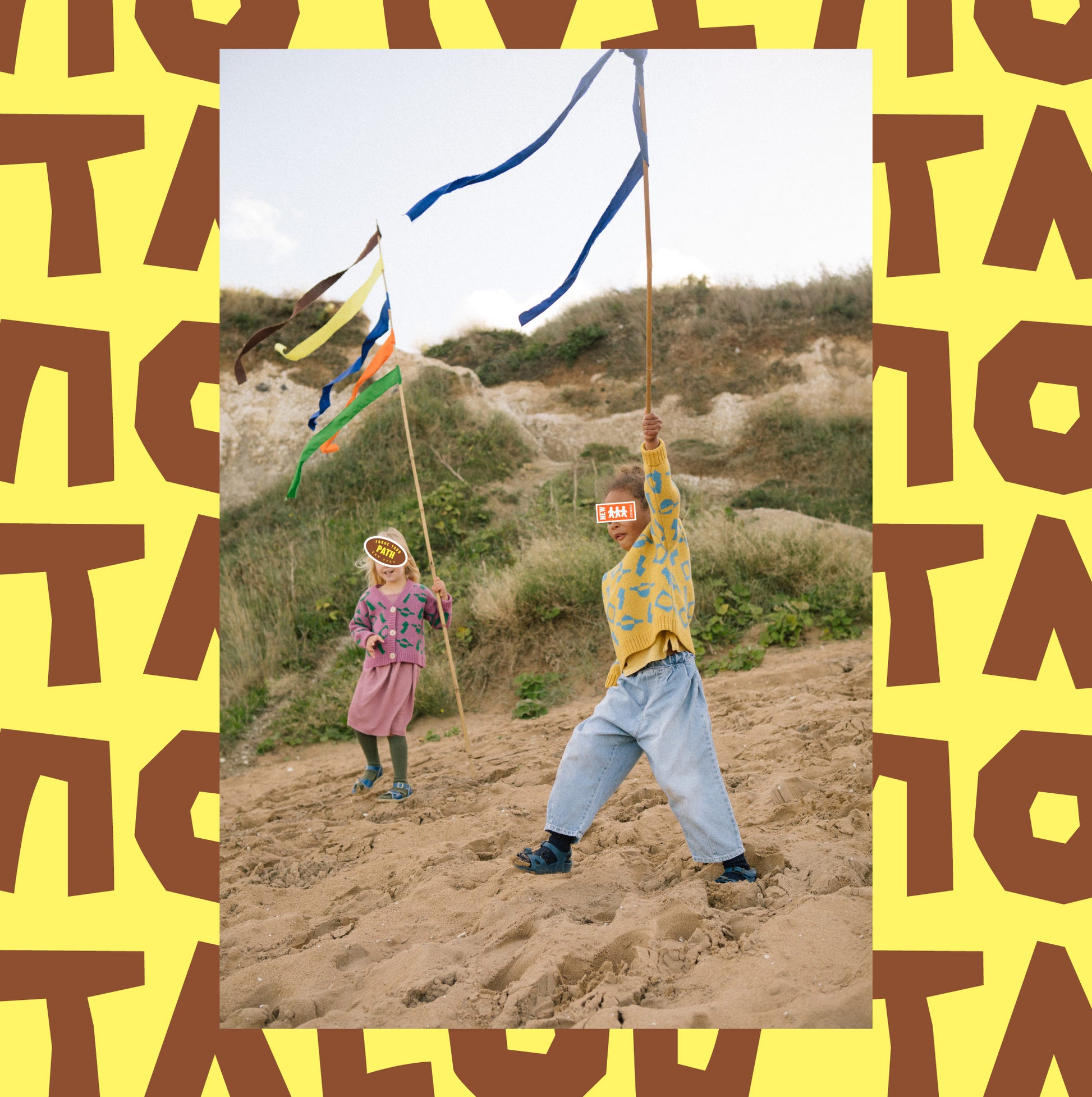 Kids running down a sand dune wearing colourful jacquard knitwear.