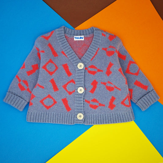 Blue and coral wool children's cardigan. Bold, fun, jacquard design. 