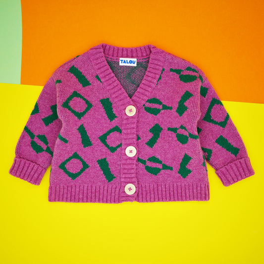 Pink and green children's cardigan in wool.