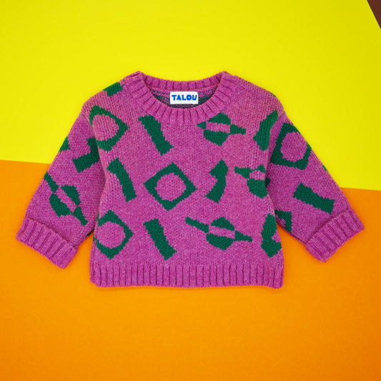 Pink and green children's jumper in wool jacquard knit.